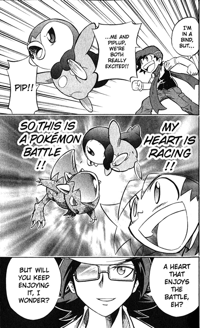Czarno-biała plansza rozdziału DPA002 serii Pokémon Diamond and Pearl Adventure!