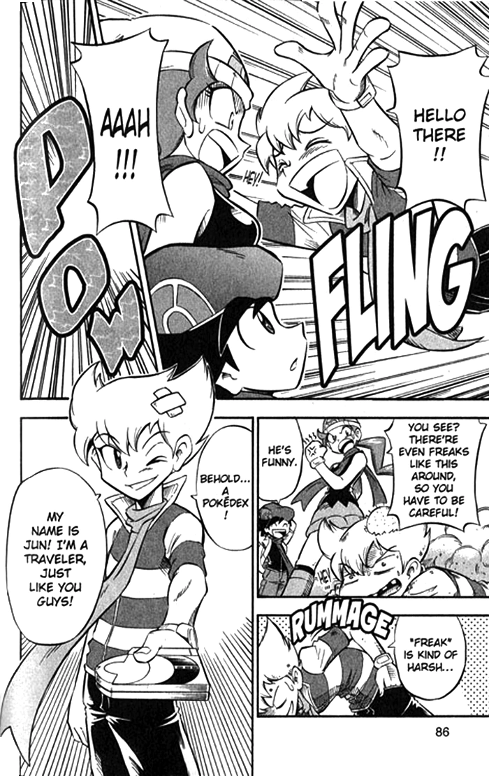 Czarno-biała plansza rozdziału DPA003 serii Pokémon Diamond and Pearl Adventure!