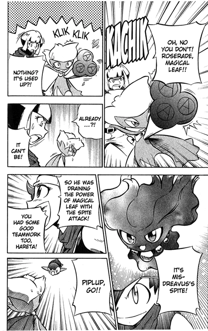 Czarno-biała plansza rozdziału DPA004 serii Pokémon Diamond and Pearl Adventure!