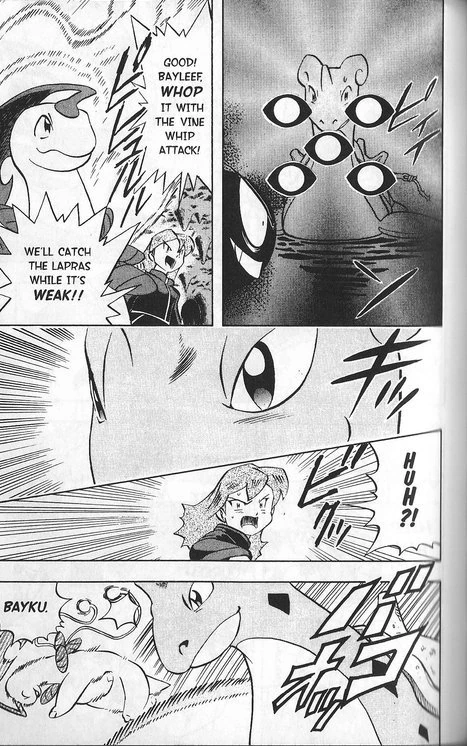 Czarno-biała plansza rozdziału GB005 serii Pokémon Gold & Silver: The Golden Boys