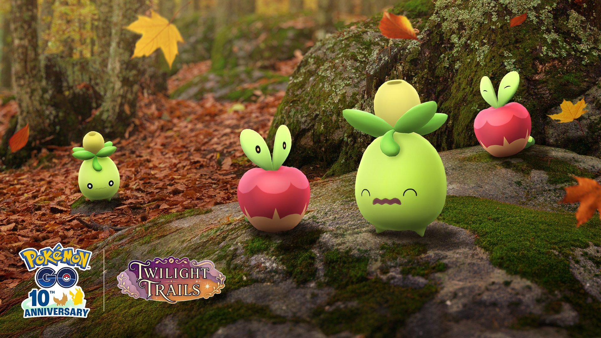 Applin, shiny Applin i Dipplin w jesiennym lesie na grafice promocyjnej Pokémon GO