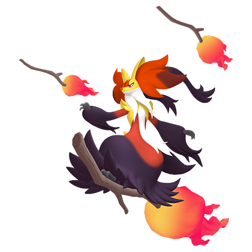 Delphox (Mega) — duży render postaci w zwykłym ubarwieniu