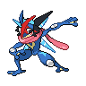 Greninja (Ash) — mały pikselowy sprite w zwykłym ubarwieniu