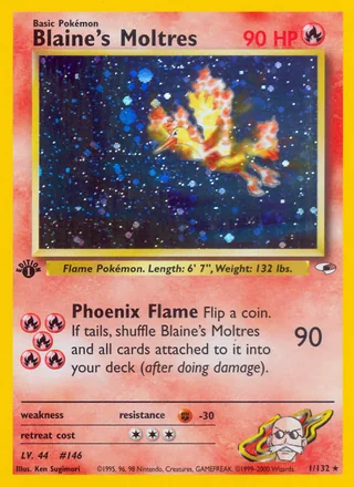 Blaine's Moltres z zestawu Gym Heroes, ognisty ptak lecący na granatowym tle z jasnymi punktami, żółty rant.