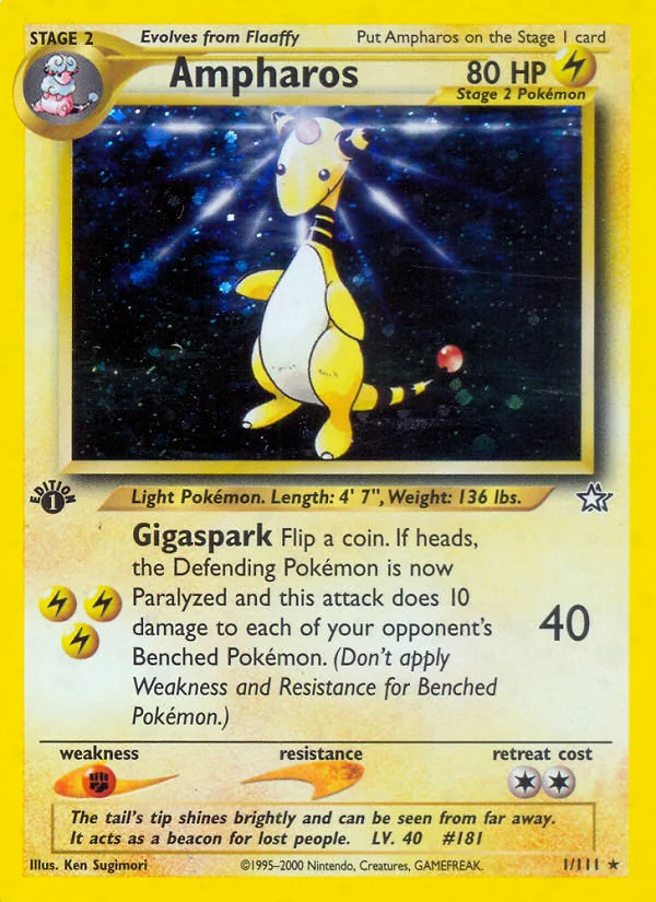 Ampharos z zestawu Neo Genesis, żółty na ciemnym tle z jasnymi promieniami, żółty rant.