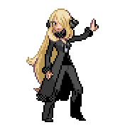 Pixelart: Cynthia, mistrzyni regionu z Pokémon League, na przezroczystym tle.
