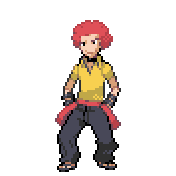 Pixelart: Flint, członek Elitarnej Czwórki z Pokémon League, na przezroczystym tle.