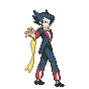 Pixelart: Grimsley, członek Elitarnej Czwórki z Pokémon League, na przezroczystym tle.