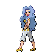Pixelart: Karen, członkini Elitarnej Czwórki z Indigo Plateau, na przezroczystym tle.