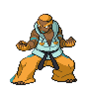 Pixelart: Marshal, członek Elitarnej Czwórki z Pokémon League, na przezroczystym tle.